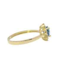 14KT Gold Ring Women's Flower Round Turquoise CZ Stone Center with White CZ Stones Petals Border Plain Band