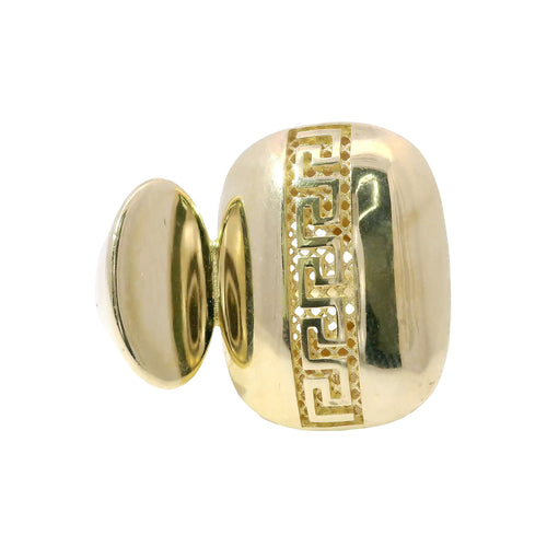 14KT Gold Ring Women's Abstract Greek Etched Center Rectangle Next to Plain Oval with Plain Mock Split Band