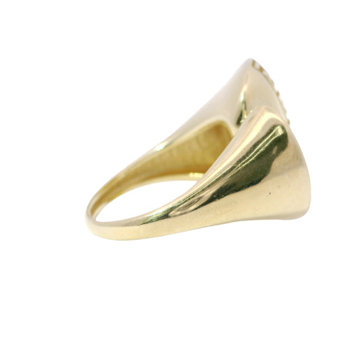 14KT Gold Ring Women's Abstract Greek Etched Center Rectangle Next to Plain Oval with Plain Mock Split Band