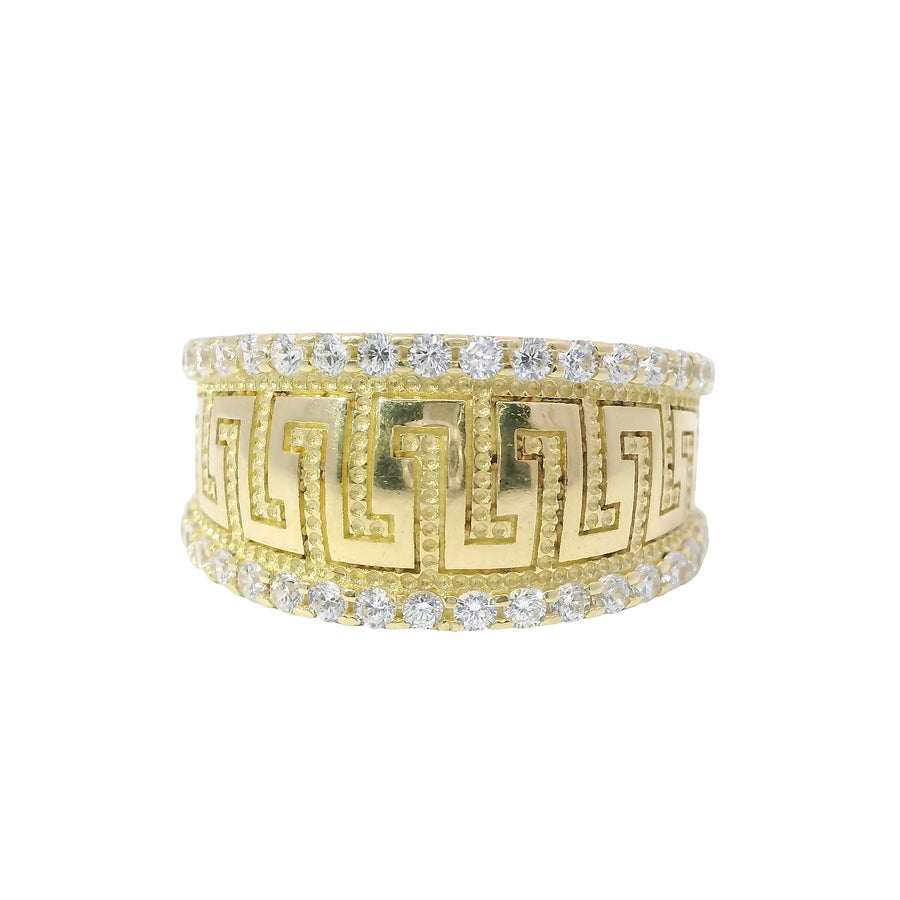 14KT Gold Ring Women's Jumbo Greek Center with White CZ Stones Top and Lower Borders Band