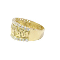 14KT Gold Ring Women's Jumbo Greek Center with White CZ Stones Top and Lower Borders Band