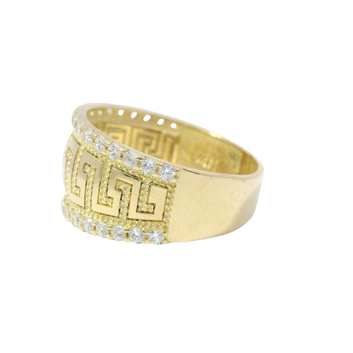14KT Gold Ring Women's Jumbo Greek Center with White CZ Stones Top and Lower Borders Band