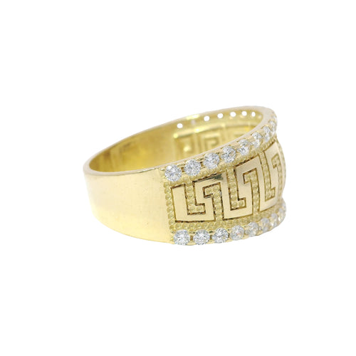 14KT Gold Ring Women's Jumbo Greek Center with White CZ Stones Top and Lower Borders Band