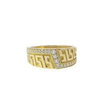 14KT Gold Ring Women's Mini Greek Center with White CZ Stone Lightning Bolt Across Center of Band