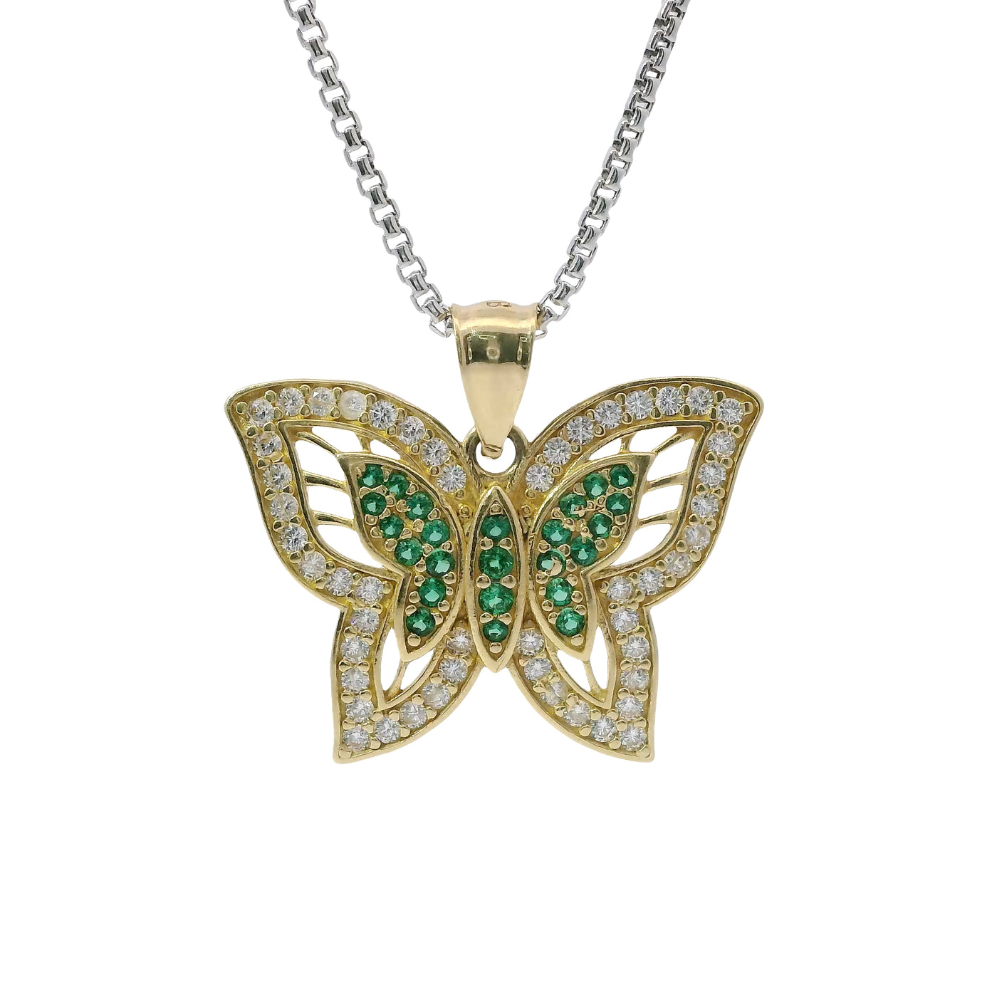 14KT Gold Charm Dark Green CZ Center Butterfly with White CZ Stone Wings Border and Plain Bell
