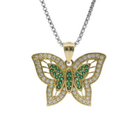 14KT Gold Charm Dark Green CZ Center Butterfly with White CZ Stone Wings Border and Plain Bell
