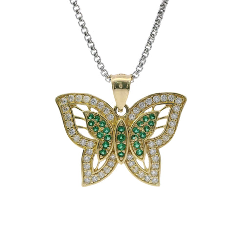 14KT Gold Charm Dark Green CZ Center Butterfly with White CZ Stone Wings Border and Plain Bell