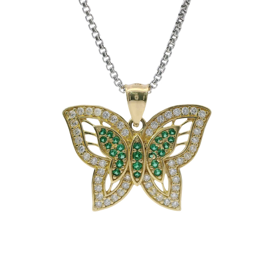 14KT Gold Charm Dark Green CZ Center Butterfly with White CZ Stone Wings Border and Plain Bell
