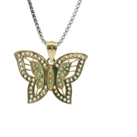 14KT Gold Charm Dark Green CZ Center Butterfly with White CZ Stone Wings Border and Plain Bell