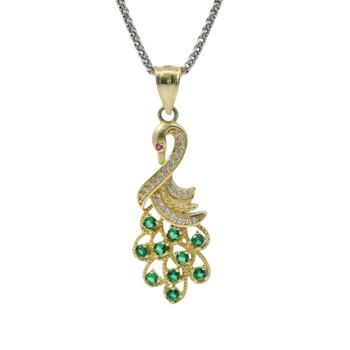 14KT Gold Charm Peacock with Green CZ Stones Tail, White CZ Stones Body, Dark Pink CZ Stone Eye and Plain Bell