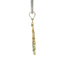 14KT Gold Charm Peacock with Green CZ Stones Tail, White CZ Stones Body, Dark Pink CZ Stone Eye and Plain Bell