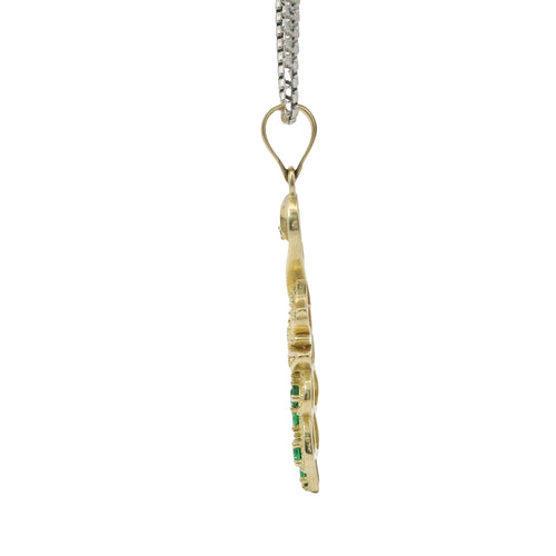 14KT Gold Charm Peacock with Green CZ Stones Tail, White CZ Stones Body, Dark Pink CZ Stone Eye and Plain Bell