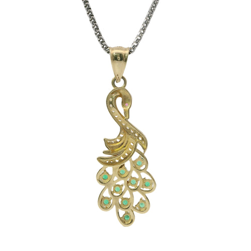 14KT Gold Charm Peacock with Green CZ Stones Tail, White CZ Stones Body, Dark Pink CZ Stone Eye and Plain Bell