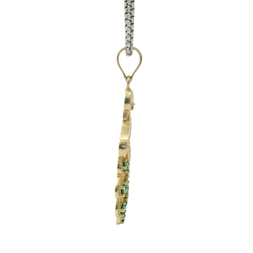 14KT Gold Charm Peacock with Green CZ Stones Tail, White CZ Stones Body, Dark Pink CZ Stone Eye and Plain Bell