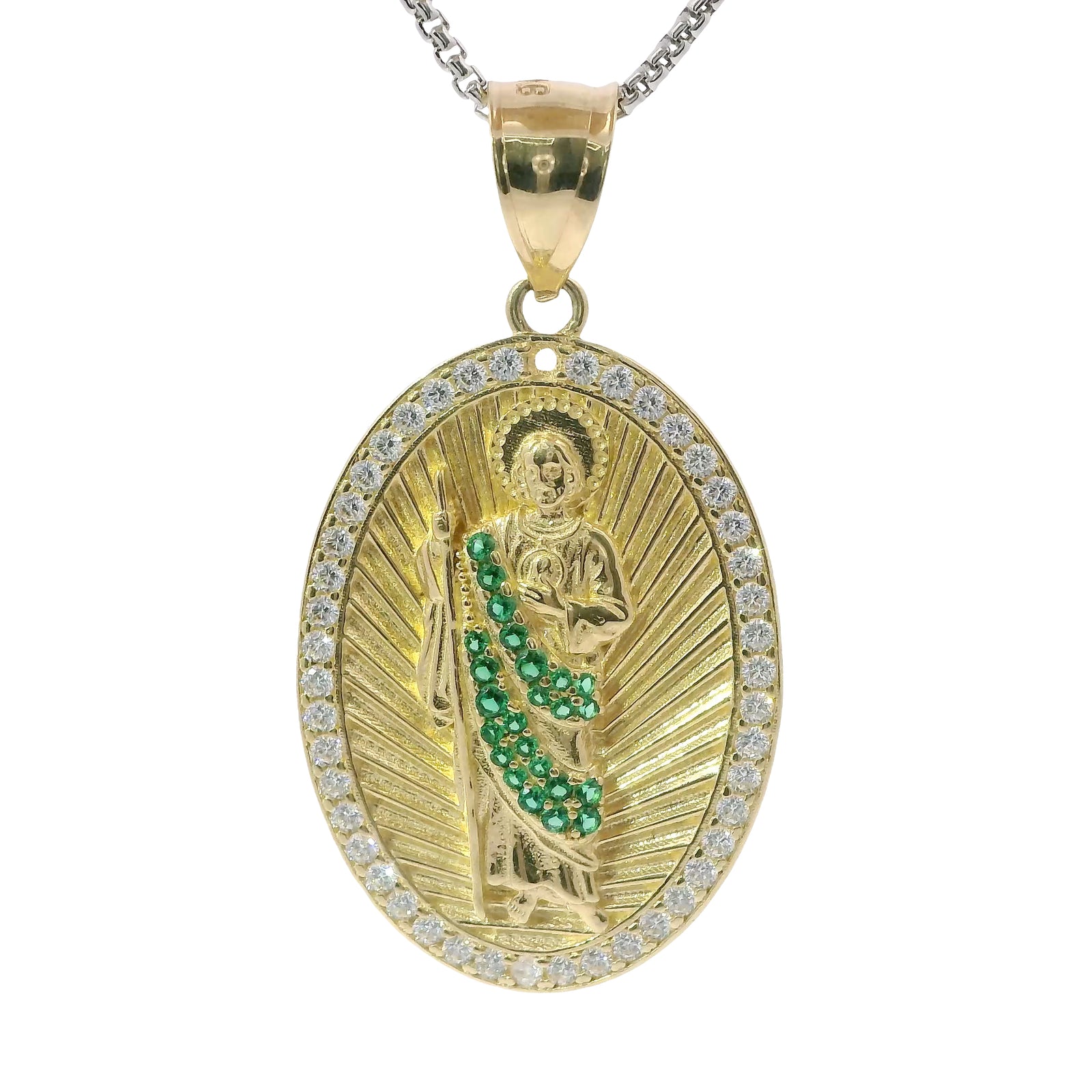 14KT Gold Charm Large Oval St Jude Sunray Coin with Green CZ Stone Robe, White CZ Stone Border and Plain Bell