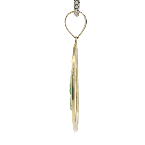 14KT Gold Charm Large Oval St Jude Sunray Coin with Green CZ Stone Robe, White CZ Stone Border and Plain Bell