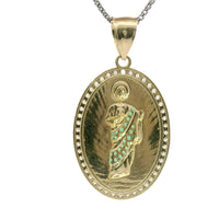 14KT Gold Charm Large Oval St Jude Sunray Coin with Green CZ Stone Robe, White CZ Stone Border and Plain Bell