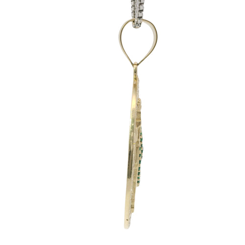 14KT Gold Charm Large Oval St Jude Sunray Coin with Green CZ Stone Robe, White CZ Stone Border and Plain Bell