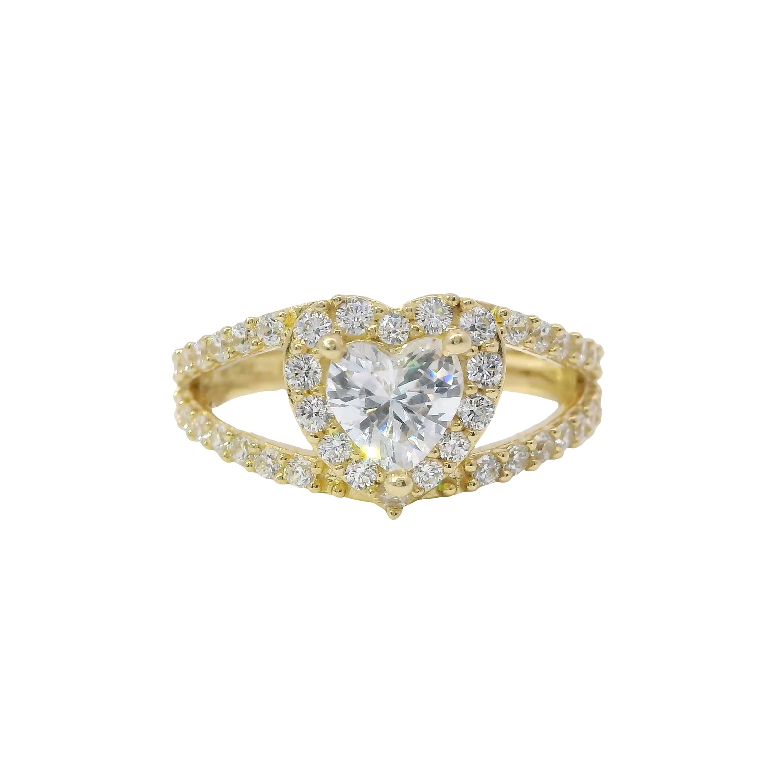 14KT Gold Ring Women's White Heart CZ Stone Center with White CZ Stones Border and Split Criss Crossed Band