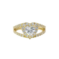 14KT Gold Ring Women's White Heart CZ Stone Center with White CZ Stones Border and Split Criss Crossed Band