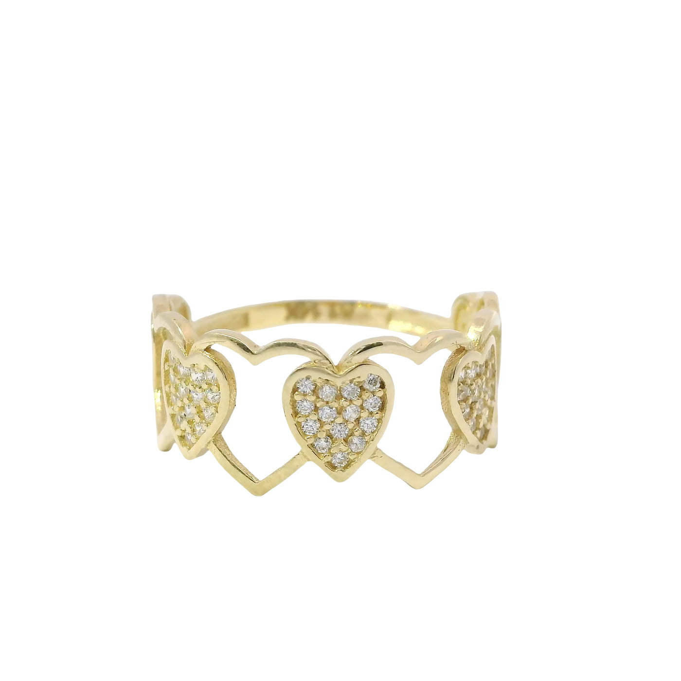 14KT Gold Ring Women's Alternating Open Heart Outline and Mini White CZ Stones Heart Cluster Band