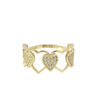 14KT Gold Ring Women's Alternating Open Heart Outline and Mini White CZ Stones Heart Cluster Band