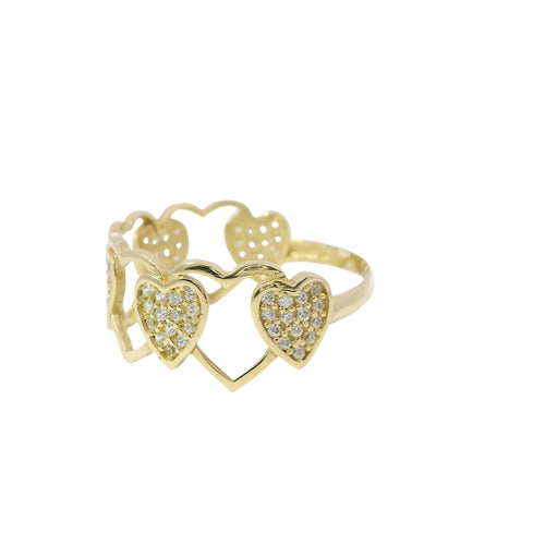 14KT Gold Ring Women's Alternating Open Heart Outline and Mini White CZ Stones Heart Cluster Band