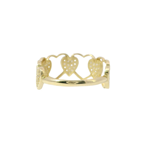 14KT Gold Ring Women's Alternating Open Heart Outline and Mini White CZ Stones Heart Cluster Band