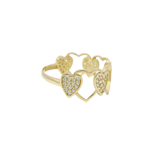 14KT Gold Ring Women's Alternating Open Heart Outline and Mini White CZ Stones Heart Cluster Band