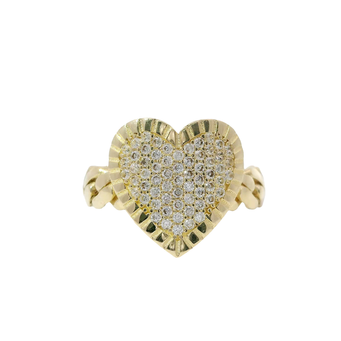 14KT Gold Ring Women's Flat Curved White CZ Stones Heart with Plain Etched Border and Cuban Link Band
