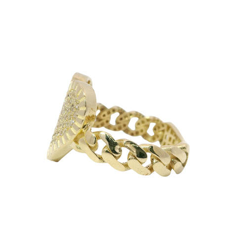 14KT Gold Ring Women's Flat Curved White CZ Stones Heart with Plain Etched Border and Cuban Link Band
