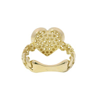 14KT Gold Ring Women's Flat Curved White CZ Stones Heart with Plain Etched Border and Cuban Link Band