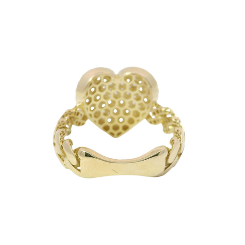 14KT Gold Ring Women's Flat Curved White CZ Stones Heart with Plain Etched Border and Cuban Link Band