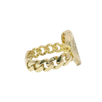 14KT Gold Ring Women's Flat Curved White CZ Stones Heart with Plain Etched Border and Cuban Link Band