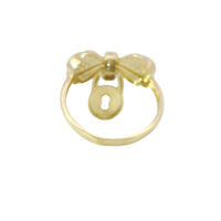 14KT Gold Ring Women's White CZ Stones Heart Shaped Bow with Round Hanging Padlock and Plain Band