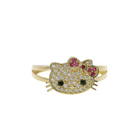 14KT Gold Ring Women's Hello Kitty Head with White CZ Stone Face Black Eyes and Pink Bow with Plain Split Band