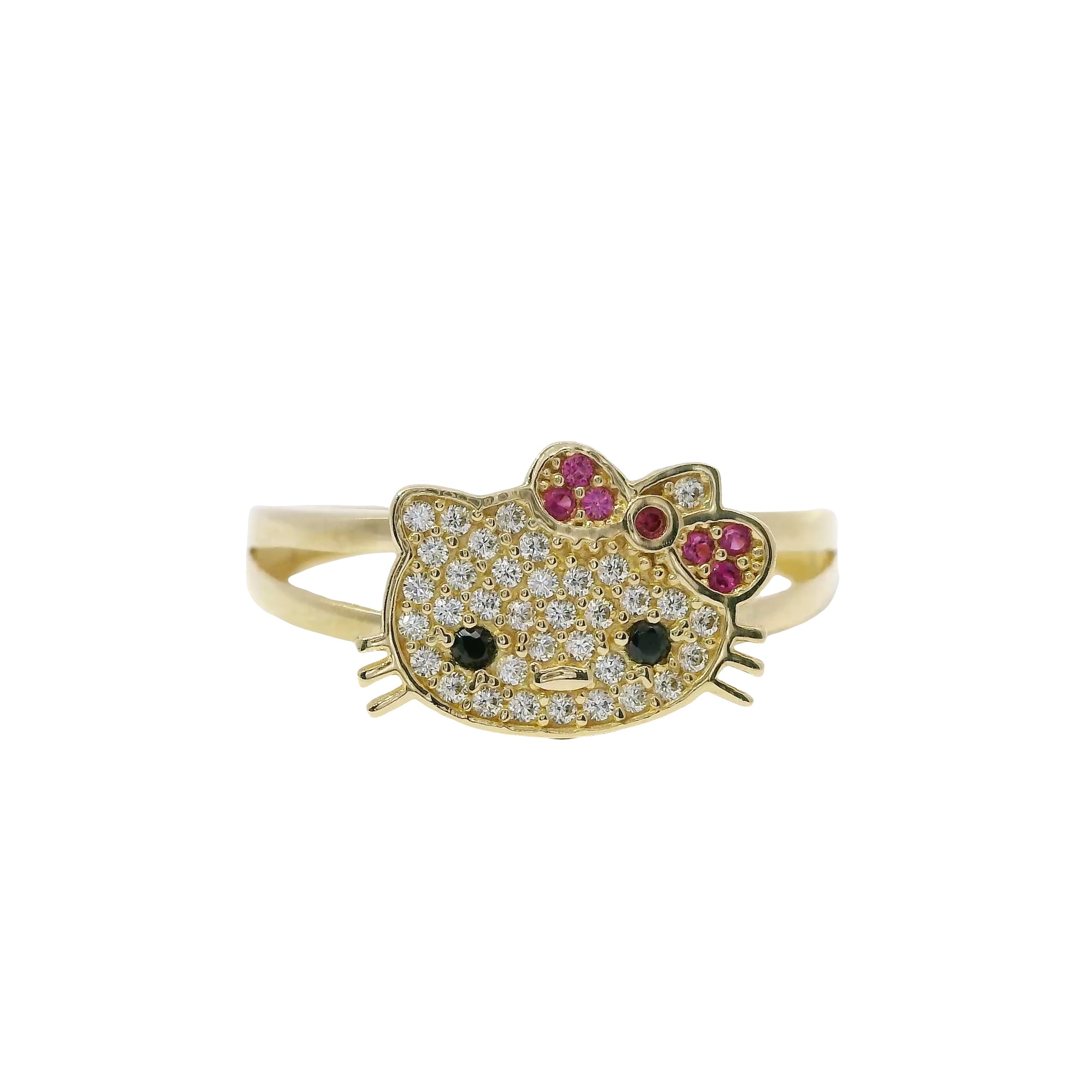 14KT Gold Ring Women's Hello Kitty Head with White CZ Stone Face Black Eyes and Pink Bow with Plain Split Band