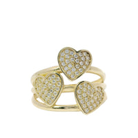 14KT Gold Ring Women's White CZ Stones Heart Centers on Each Triple Split Band