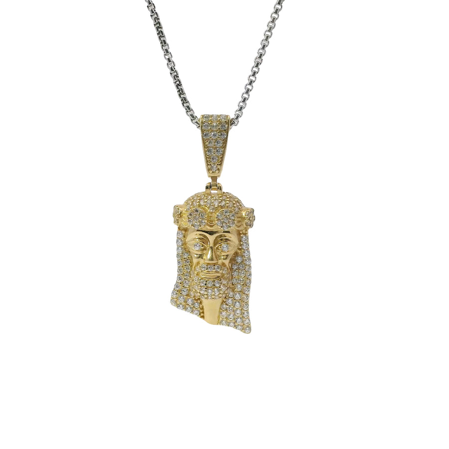 14KT Gold Charm Medium 3D Jesus Head with Flat Back and White CZ Stone Face and Bell