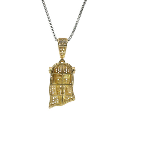 14KT Gold Charm Medium 3D Jesus Head with Flat Back and White CZ Stone Face and Bell