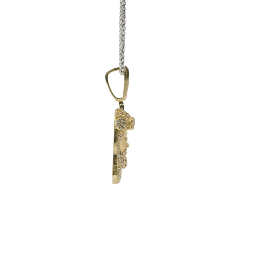 14KT Gold Charm Medium 3D Jesus Head with Flat Back and White CZ Stone Face and Bell