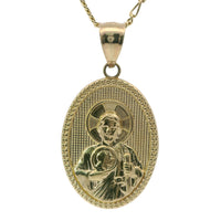 14KT Gold Charm Medium Oval Jesus Holding a Coin with Beaded Border and Plain Bell