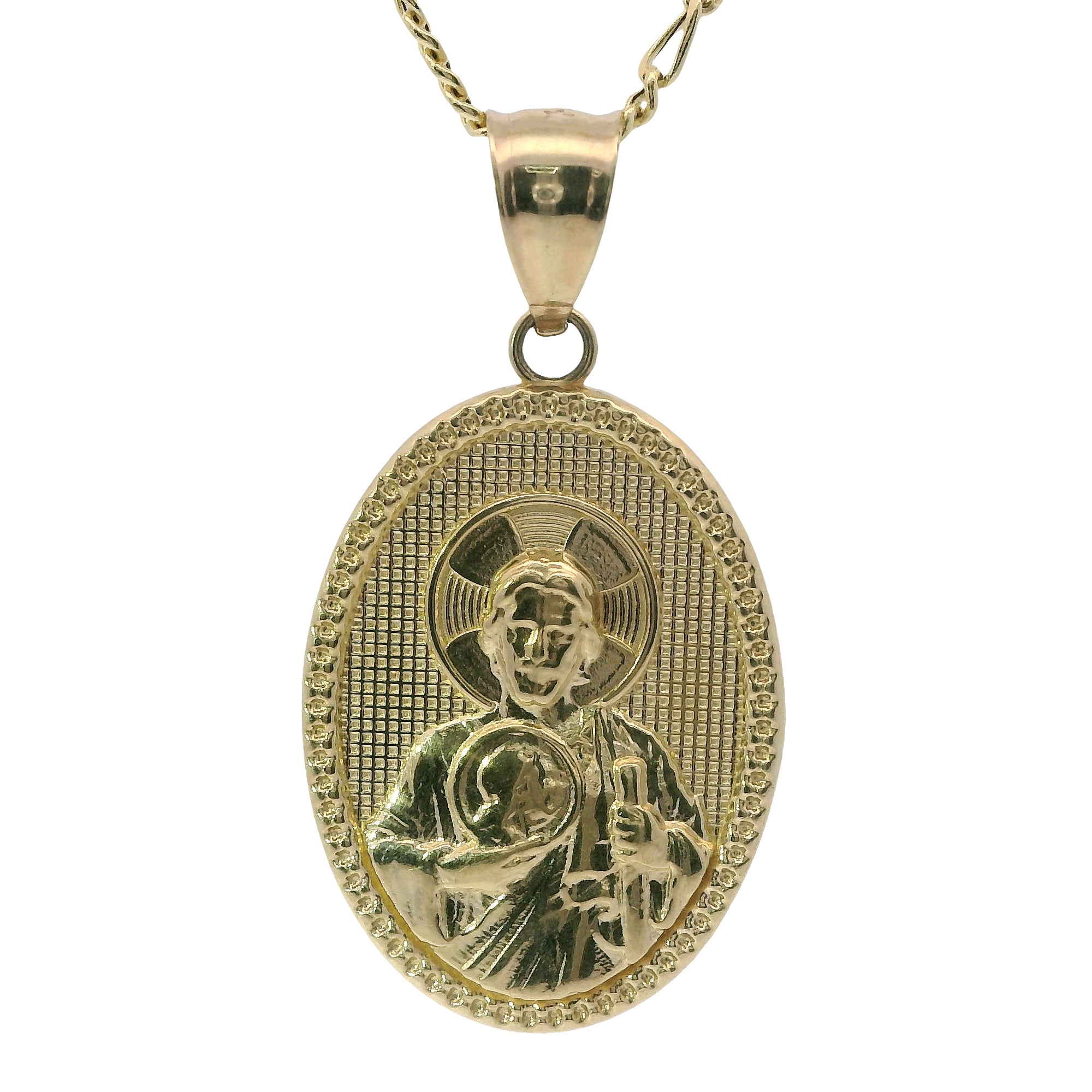 14KT Gold Charm Medium Oval Jesus Holding a Coin with Beaded Border and Plain Bell