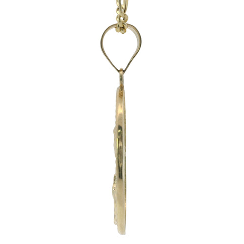 14KT Gold Charm Medium Oval Jesus Holding a Coin with Beaded Border and Plain Bell
