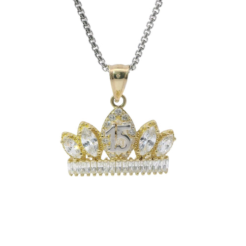 14KT Gold Charm Jumbo Two Tone Quincenaera "15" Center White Marquise Crown with White CZ Baguette Stones Band and Plain Bell