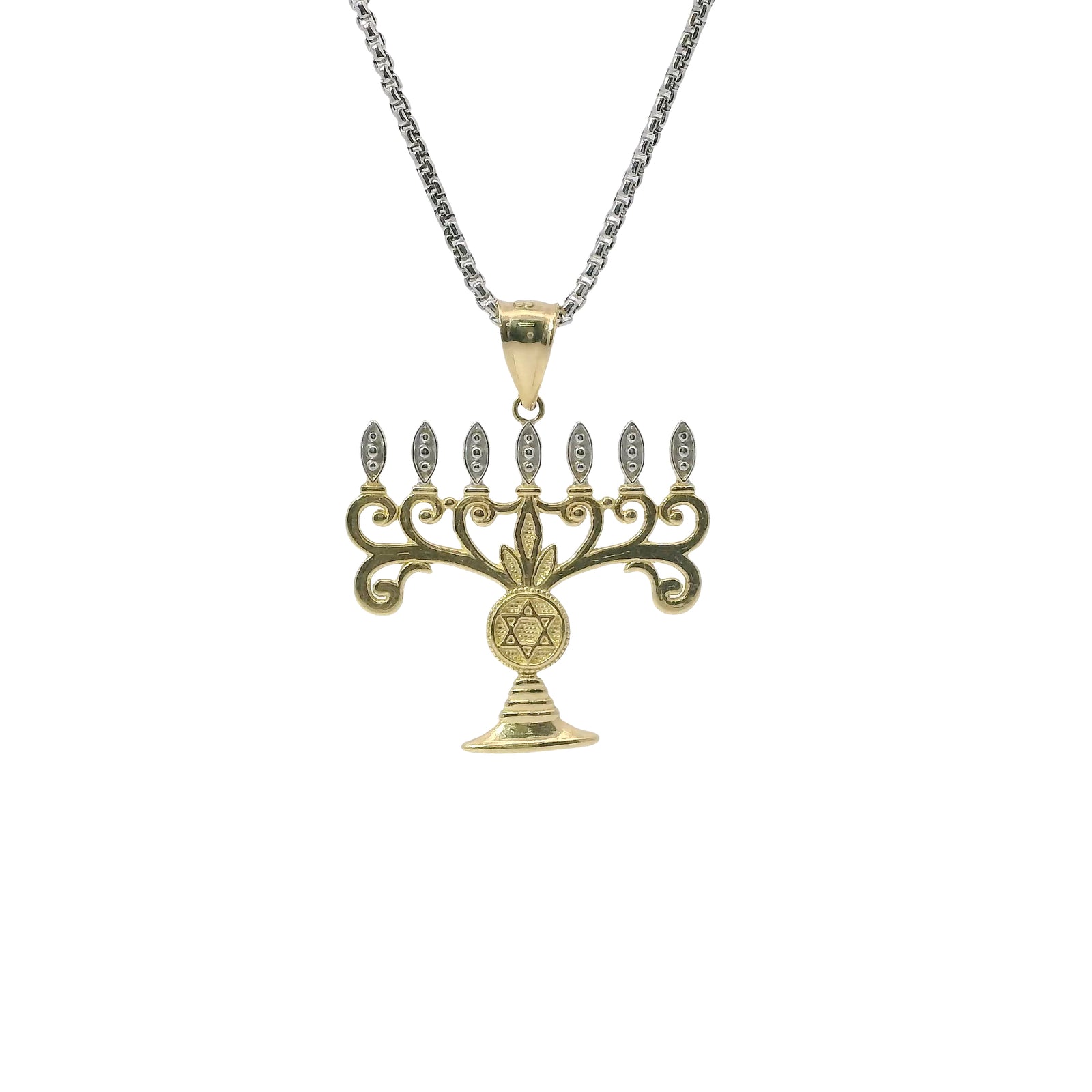 14KT Gold Charm Jumbo Two Tone Menorah with Plain Bell