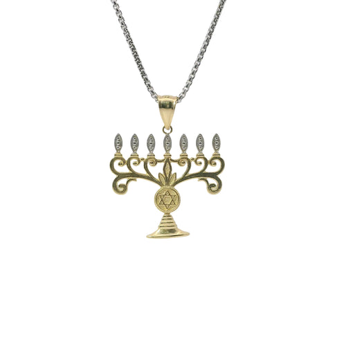 14KT Gold Charm Jumbo Two Tone Menorah with Plain Bell