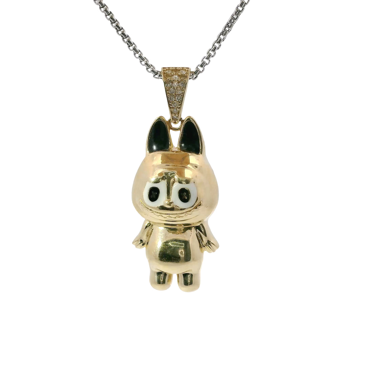 14KT Gold Charm Large 3D Enamel Black Ears LaBuBu with White CZ Stones Bell