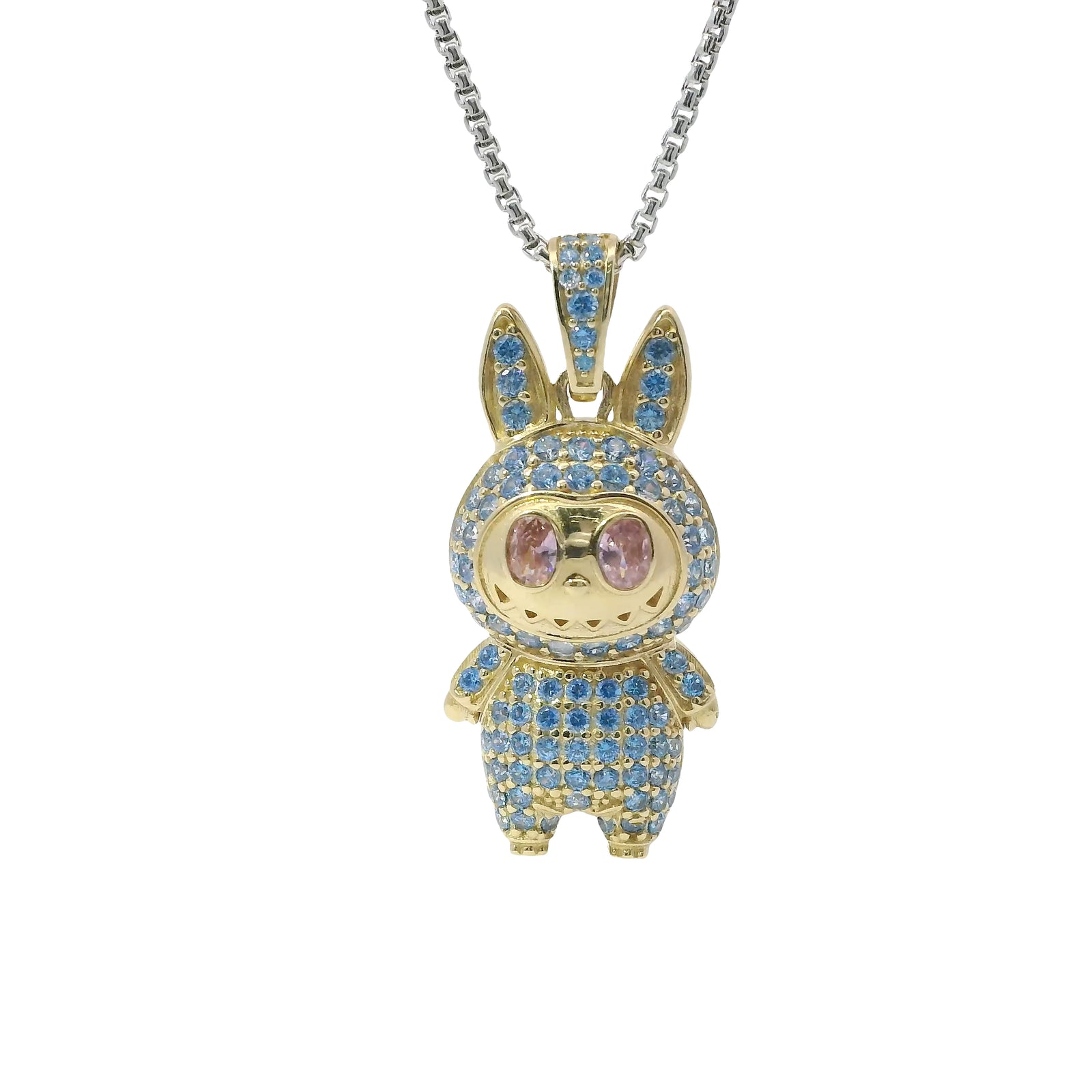 14KT Gold Charm Large 3D Turquoise CZ LaBuBu Body and Bell Flat Back with Pink Oval CZ Eyes
