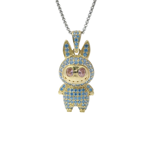 14KT Gold Charm Large 3D Turquoise CZ LaBuBu Body and Bell Flat Back with Pink Oval CZ Eyes